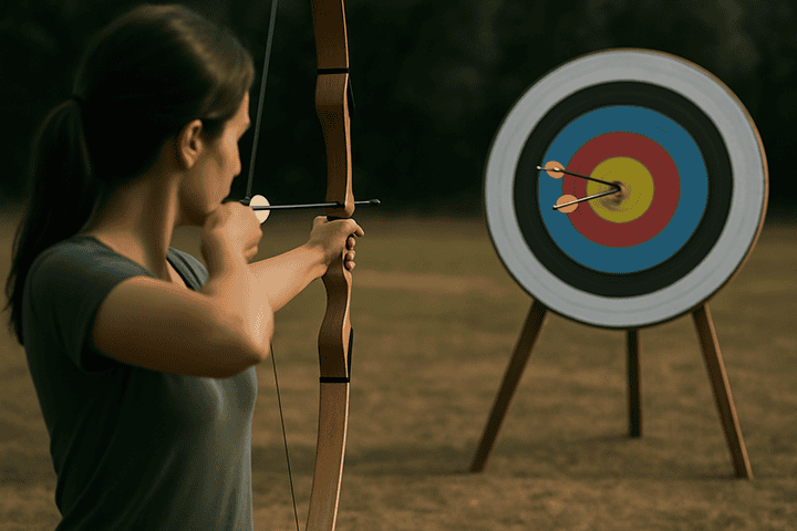 Woman archer shooting an arrow at a target with 2 arrows already in the bullseye